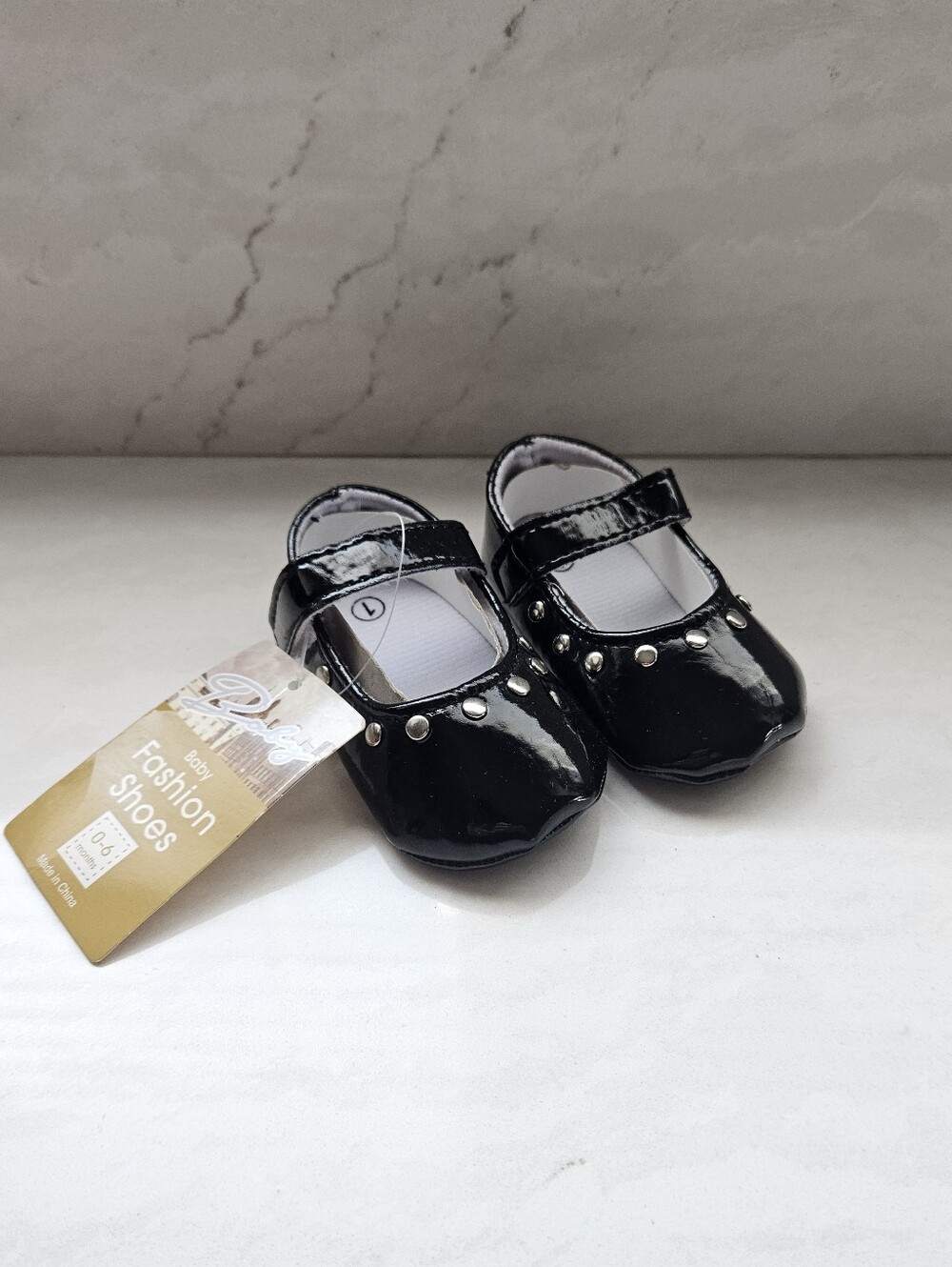 Black Patent Mary Jane Baby Shoes with Stud Detail Size 0-6M